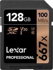 128GB Lexar Pro 667X SDXC UHS-I U3 (V30) R100/W90